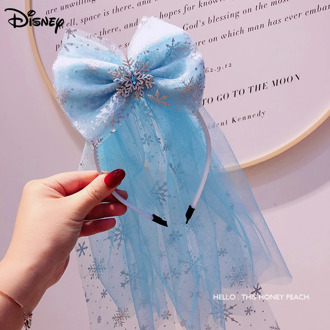 Frozen2 Princess Children Hair Hoops Baby Girls Cute Snowflake Bowknot Headband Starry Sky Cute Veil Headwear Blue Lace Headress