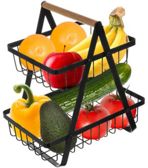 Fruischaal - metaal - zwart - 2 lagen - home decoratie - 30 x 27 x 18 cm