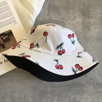 Fruit Cherry Emmer Hoeden Voor Meisjes Vrouwen Twee Side Omkeerbare Visser Hoed Panama Bob Hoed Zomer Zonnehoed wit