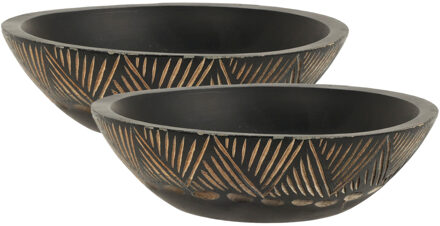 Fruitschaal/fruitmand - 2x - serveer schaal - mango hout - D24 x H7 cm - broodmand - zwart