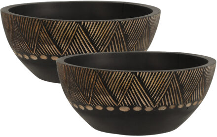 Fruitschaal/fruitmand - 2x - serveer schaal - mango hout - D25 x H10 cm - broodmand - zwart