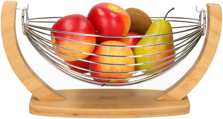 Fruitschaal/fruitmand hangend in voet hout/metaal 36 x 21 x 18 cm - Fruitschalen Zilverkleurig