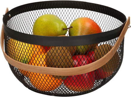 Fruitschaal/fruitmand met handvat rond zwart metaal 29 cm - Fruitschalen