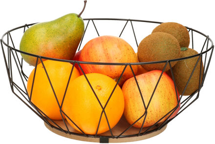 Fruitschaal/fruitmand rond zwart metaal/hout 28 cm