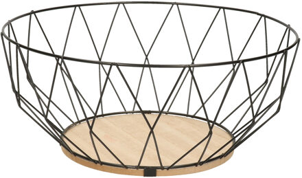 Fruitschaal - zwart - metaal/hout - 28 cm - rond - fruitmand - draadmand