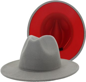 Fs 60Cm Hoed Grijs Rood Patchwork Vilten Hoed Vrouwen Mannen Brede Rand Wol Jazz Fedora Hoeden Panama Trilby cap Trend Gambler Caps 59-60cm