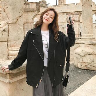 Ftlzz Vrouwen Herfst Faux Zacht Lederen Jas Losse Pu Motorfiets Zwart Punk Rits Jas Streetwear Kraag Bovenkleding zwart / M