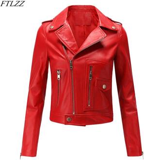 Ftlzz Vrouwen Motorfiets Pu Leren Jas Winter En Lente Zwart Rood Faux Lederen Jas Turn Down Collor Lady Bovenkleding Rood / S