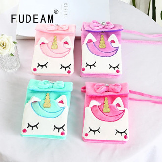 FUDEAM Soft Plush Unicorn Children Coin Purse Cute Cartoon Animal Magnet Hook Girl Shoulder Bag Purse Mini Handbag Messenger Bag