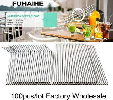 FUHAIHE 100 stks/partij 260x6mm Herbruikbare Stro 304 Rvs Metalen Stro Voor Mokken 20/ 30oz 100stk krom
