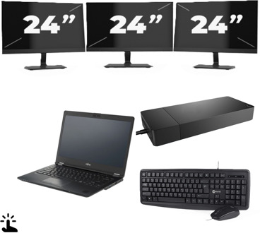 Fujitsu Lifebook U7410 - Intel Core i5-10e Generatie - 14 inch - Touch - 16GB RAM - 256GB SSD - Windows 11 Home + 3x 24 inch Monitor