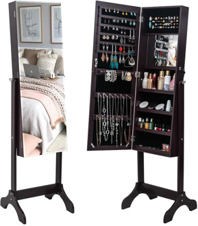 Full Body Makeup Mirror Cabinet Jewelry Storage Box 4-Layer Shelf With Inner Mirror Adjustable Wooden Floor Standing Dark Brown