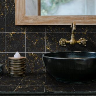 Funlife®Zwart En Goud Marmeren Tegel Sticker Muursticker Decoratieve Zelfklevende Te Schoon Badkamer Keuken Backsplash Diy 15x15cmx10pcs