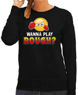 Funny emoticon sweater Wanna play rough zwart dames XS