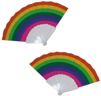 Funny Fashion 2x stuks handwaaiers/Spaanse waaiers regenboog