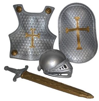 Funny Fashion Accessoireset ridder 4-delig brons (helm, borstschild, zwaard, schild)