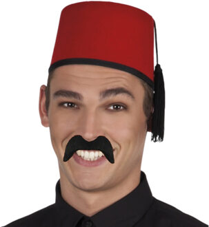 Funny Fashion Arabische Marokkaanse verkleed set - Fez hoedje rood - en nepsnor zwart