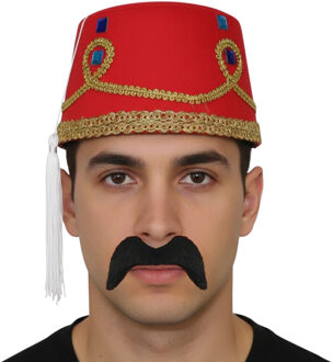 Funny Fashion Arabische Marokkaanse verkleed set - Fez hoedje rood - en nepsnor zwart