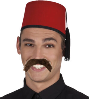 Funny Fashion Arabische Marokkaanse verkleed set - Fez hoedje rood - en nepsnor zwart