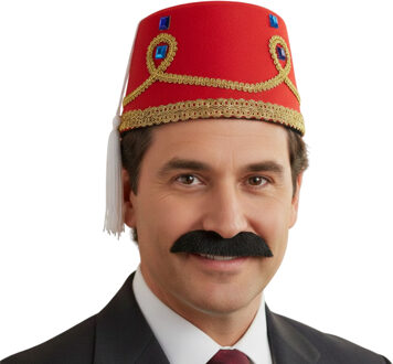 Funny Fashion Arabische Marokkaanse verkleed set - Fez hoedje rood - en nepsnor zwart