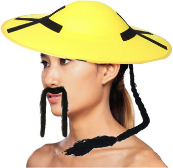 Funny Fashion Aziatisch Chinese verkleedset - hoedje met staart en plaksnor - Carnaval verkleed accessoires