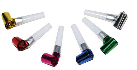 Funny Fashion Blaas toeters - roltongen party toetertjes - 6x stuks - Metallic kleuren - papier