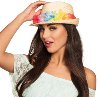 Funny Fashion Boland Stro hoedje - met hawaii bloemenkrans - tropisch thema - carnaval
