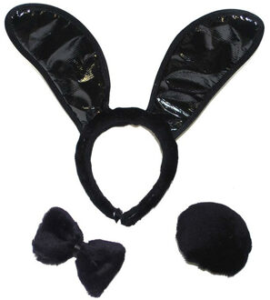 Funny Fashion Bunny verkleed setje - zwart - 3-delig - dames - konijnen accessoires - bunnysetje