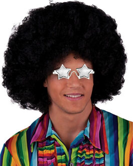 Funny Fashion Carnaval verkleed afropruik - zwart - krullen - heren - Seventies/Disco thema - met ster zonnebril