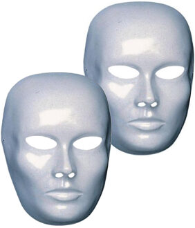 Funny Fashion Carnaval verkleed blanco gezicht masker heren - 2x - wit - plastic - beschilderbaar