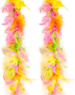 Funny Fashion Carnaval verkleed boa met veren - 2x - geel/roze - 200 cm - 45 gram - Glitter and Glamour