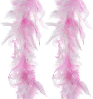 Funny Fashion Carnaval verkleed boa met veren - 2x - wit/roze - 200 cm - 45 gram - Glitter and Glamour
