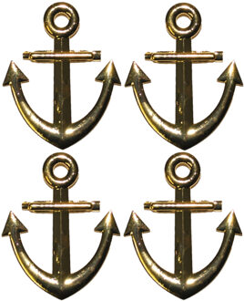 Funny Fashion Carnaval verkleed broche/speld maritiem anker - 4x stuks - goud - 7 cm - Kapitein/matroos accessoire