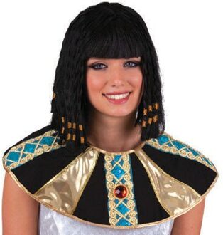Funny Fashion Carnaval verkleed Damespruik Cleopatra - zwart - met kraaltjes - half lang haar