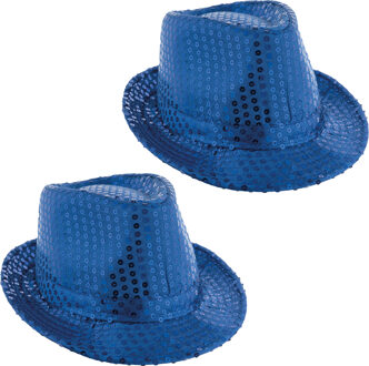 Funny Fashion Carnaval verkleed hoedje - 2x - Trilby - blauw - glitter pailletten - heren/dames - Carnaval