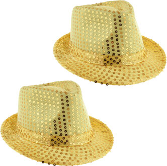 Funny Fashion Carnaval verkleed hoedje - 2x - Trilby - goud - glitter pailletten - heren/dames - Carnaval