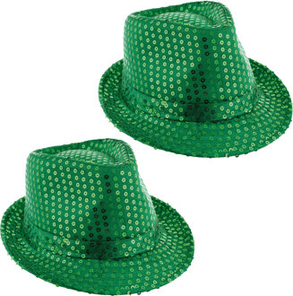 Funny Fashion Carnaval verkleed hoedje - 2x - Trilby - groen - glitter pailletten - heren/dames - Carnaval