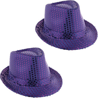 Funny Fashion Carnaval verkleed hoedje - 2x - Trilby - paars - glitter pailletten - heren/dames - Carnaval