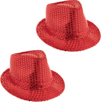 Funny Fashion Carnaval verkleed hoedje - 2x - Trilby - rood - glitter pailletten - heren/dames - Carnaval