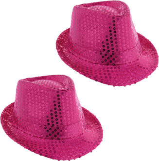 Funny Fashion Carnaval verkleed hoedje - 2x - Trilby - roze - glitter pailletten - heren/dames - Carnaval