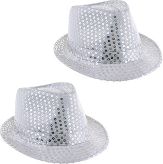 Funny Fashion Carnaval verkleed hoedje - 2x - Trilby - zilver - glitter pailletten - heren/dames - Carnaval