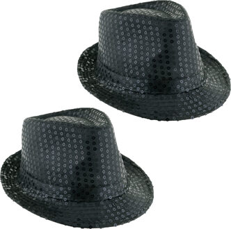 Funny Fashion Carnaval verkleed hoedje - 2x - Trilby - zwart - glitter pailletten - heren/dames - Carnaval