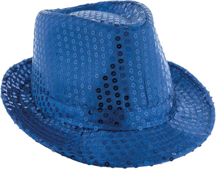 Funny Fashion Carnaval verkleed hoedje - Trilby - blauw - glitter pailletten - heren/dames - Carnaval
