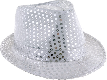 Funny Fashion Carnaval verkleed hoedje - Trilby - zilver - glitter pailletten - heren/dames - Carnaval