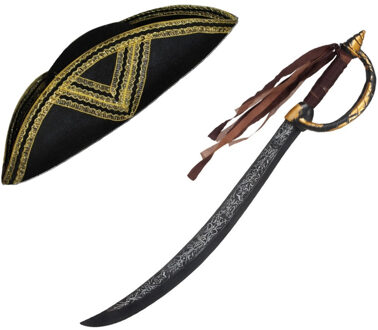 Funny Fashion Carnaval verkleed Piraten hoed - zwart - met piratenzwaard - Piraten accessiores - dames/heren