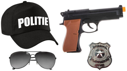 Funny Fashion Carnaval verkleed politie agent pet/cap - zwart - pistool/badge/zonnebril - heren/dames