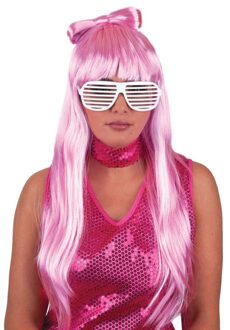 Funny Fashion Carnaval verkleed pruik - Lady Gaga damespruik - Roze - strik/pony