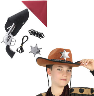 Funny Fashion Carnaval Verkleed set - Cowboy hoed bruin met holster/revolver/ster/zakdoek - voor kinderen