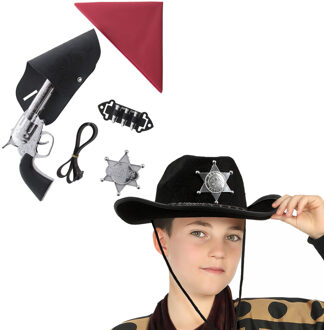 Funny Fashion Carnaval Verkleed set - Cowboy hoed zwart met holster/revolver/ster/zakdoek - voor kinderen