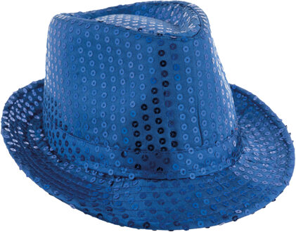 Funny Fashion Carnaval verkleed Trilby hoedje met glitter pailletten - blauw - heren/dames